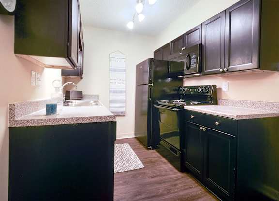 A kitchen with black cabinets and a black fridge.