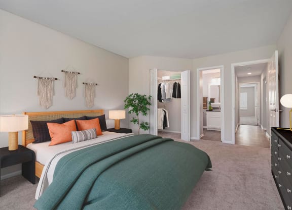 a bedroom with a bed and a closet