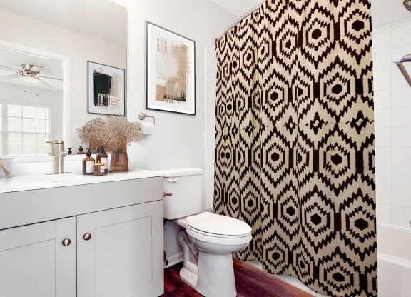 a bathroom with a black and white shower curtain