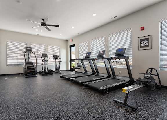 A gym with treadmills, elliptical machines, and a fan.