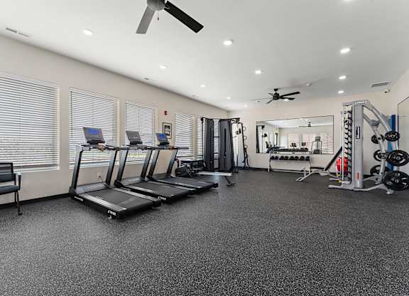 A spacious gym with treadmills, weights, and a mirror.