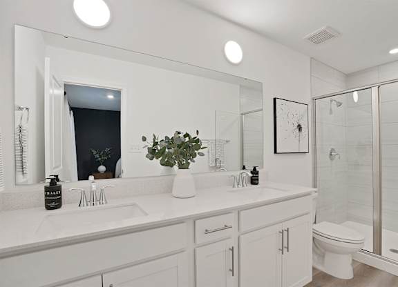A white bathroom with a large mirror and a plant on the counter.