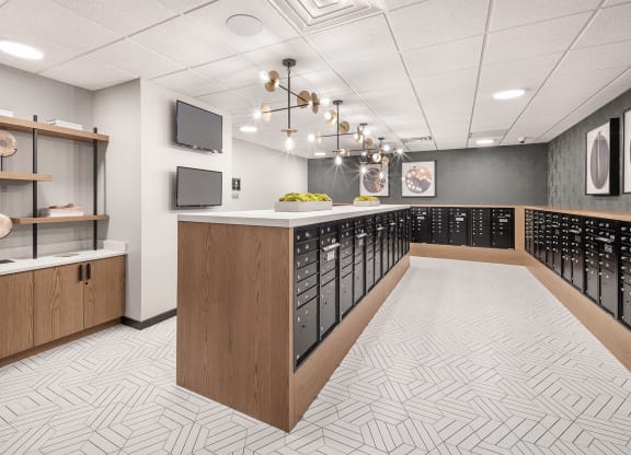 a communal area in a locker room with a row of lockers