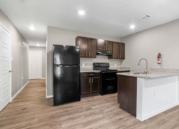 A kitchen with a black fridge, black stove, and black dishwasher.