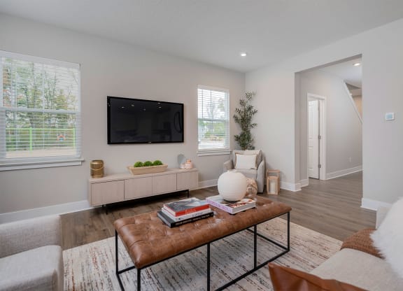 a living room with a couch and a coffee table