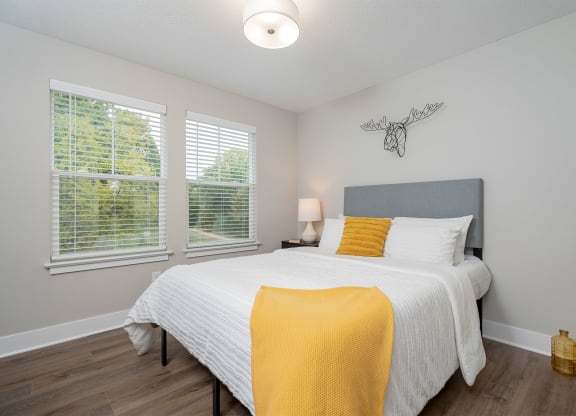 a bedroom with a bed and two windows