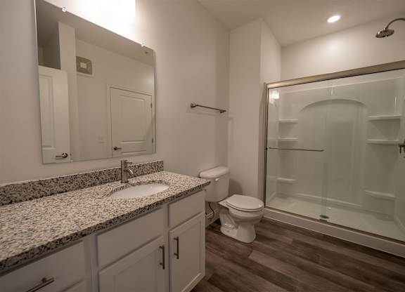 A bathroom with a sink, toilet, and shower.