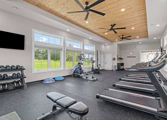 A spacious home gym with treadmills, a bench press, and a television.