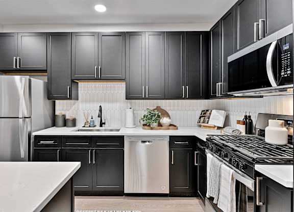 A modern kitchen with black cabinets and stainless steel appliances.