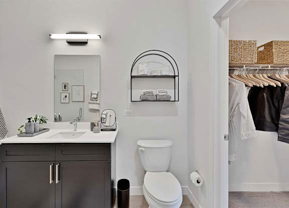 A bathroom with a white toilet and a mirror above the sink.