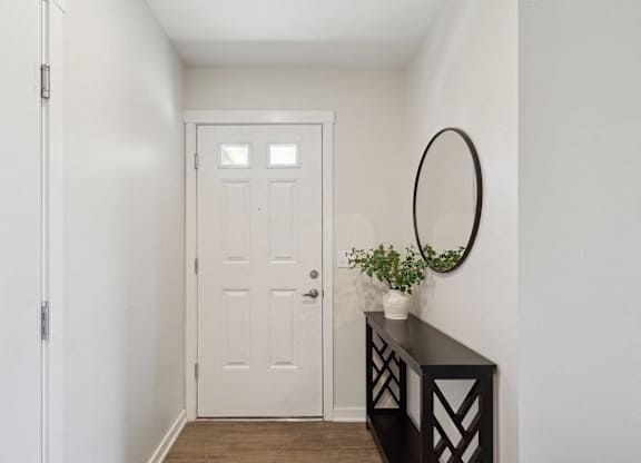 A white door is in a hallway with a black console table and a plant on it.