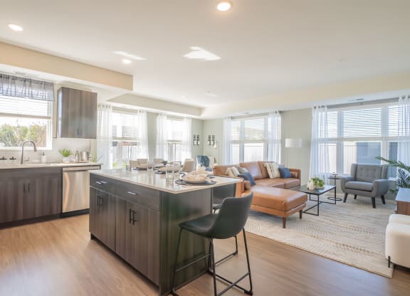 a living room with a kitchen and a couch