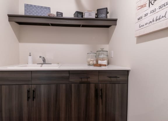 a bathroom with a sink and a counter with a shelf above it