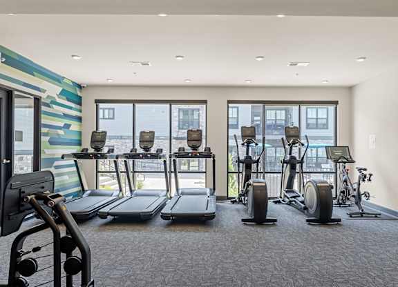 A gym with treadmills, exercise bikes, and other equipment.