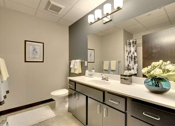 A bathroom with a toilet, sink, and mirror.