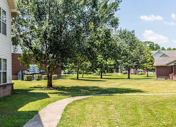 A tree-lined pathway in a grassy area.