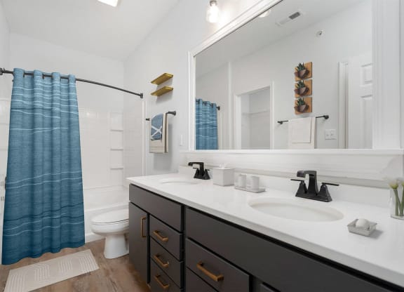 a bathroom with a large mirror and a sink and a toilet
