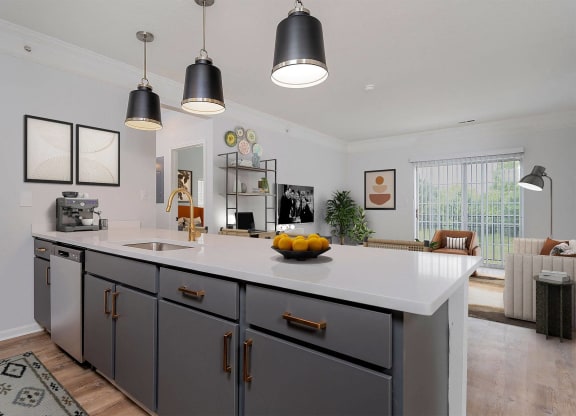 a large kitchen with a large counter top