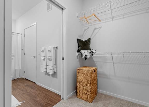 A room with a cat sitting on a shelf.
