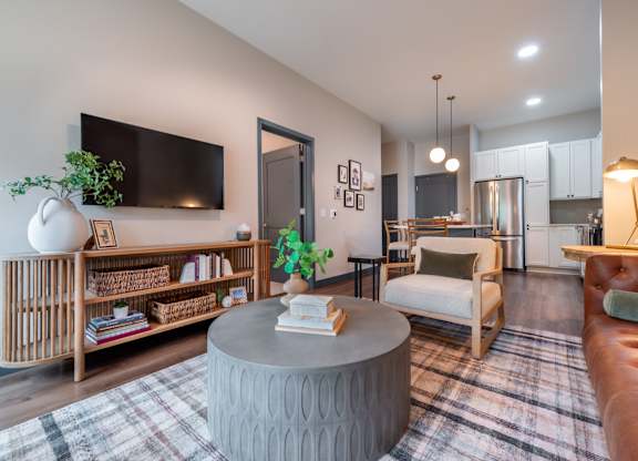 a living room with a couch and a coffee table
