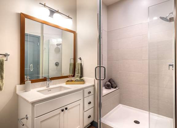 a bathroom with a sink and a shower and a mirror
