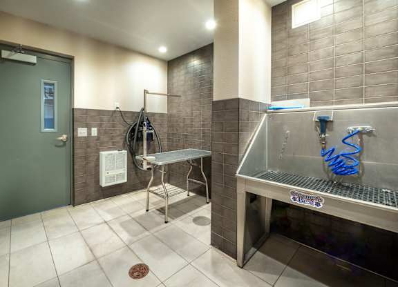 a wet room with a sink and a shower and a door