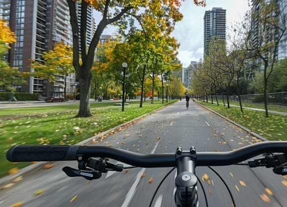 a view of a bike going down a street