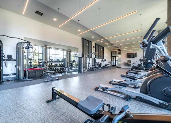 a gym with weights and cardio equipment and windows