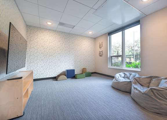 a living room with two couches and a tv and a window