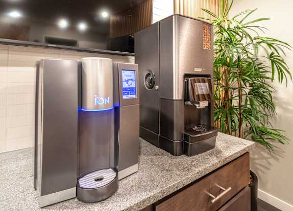 two refrigerators on a counter in a kitchen with a plant