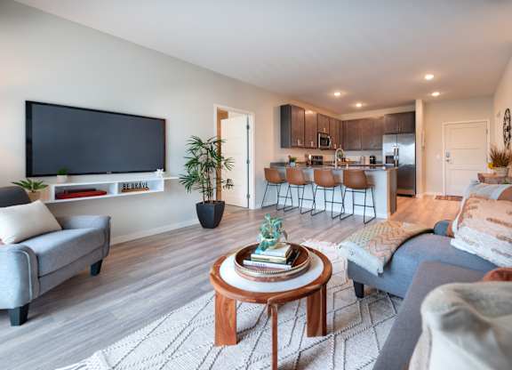 a living room with a tv and a kitchen in the background