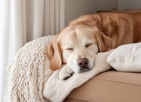 A golden retriever dog is sleeping on a couch with a white pillow and a white blanket.