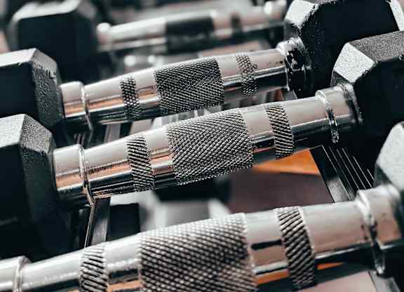 A row of dumbbells with black and silver weights are lined up on a rack.
