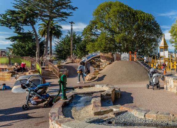 a park with a playground and trees