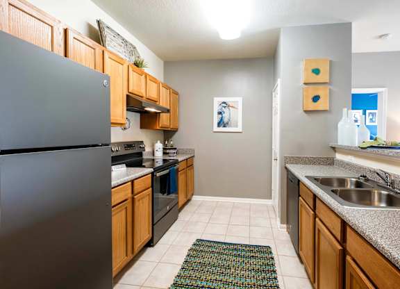 A kitchen with a black fridge and wooden cabinets.