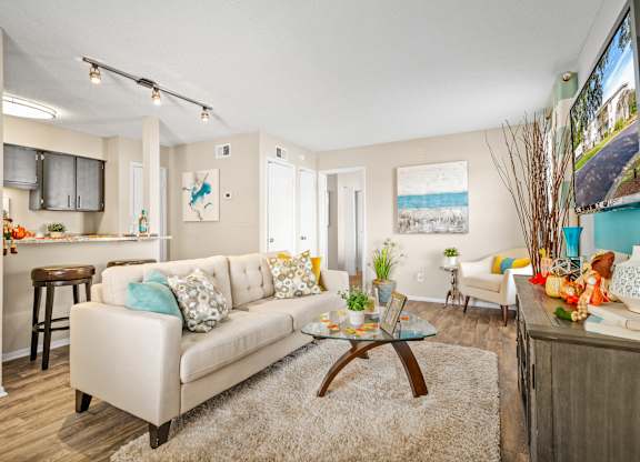 open-concept kitchen and living room at 701 South Apartments in Mobile, AL