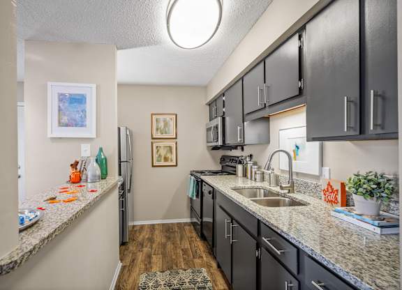 a kitchen with granite counter tops and dark cabinets at 701 South Apartments in Mobile, AL