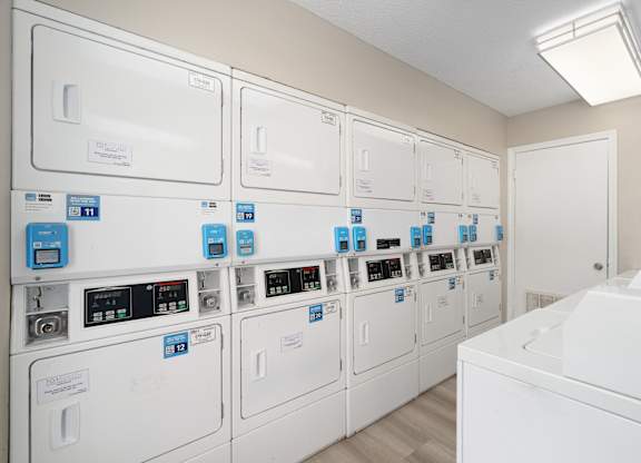 A row of washing machines are lined up in a laundry room.