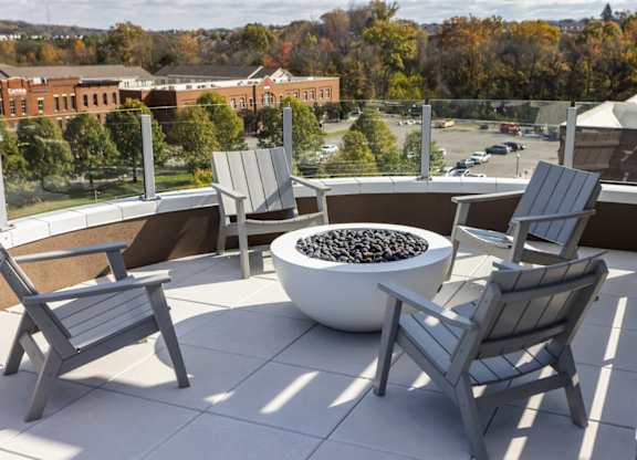 Rooftop terrace with firepit and chairs at 2020 Providence in Huntsville, AL.