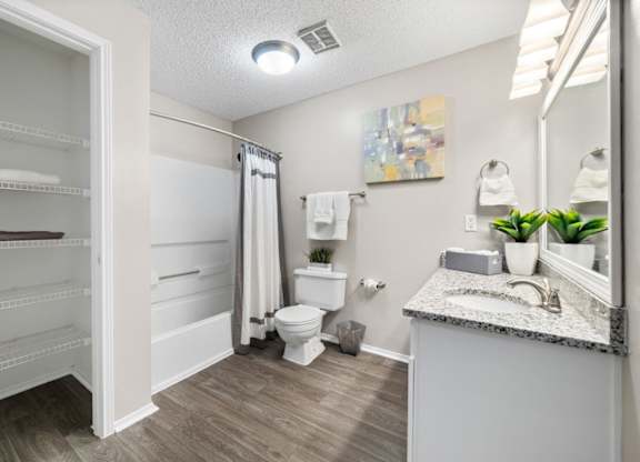 Bathroom with granite counters, wood-look flooring, vanity lighting, and storage at Summerchase at Riverchase in Hoover, Alabama