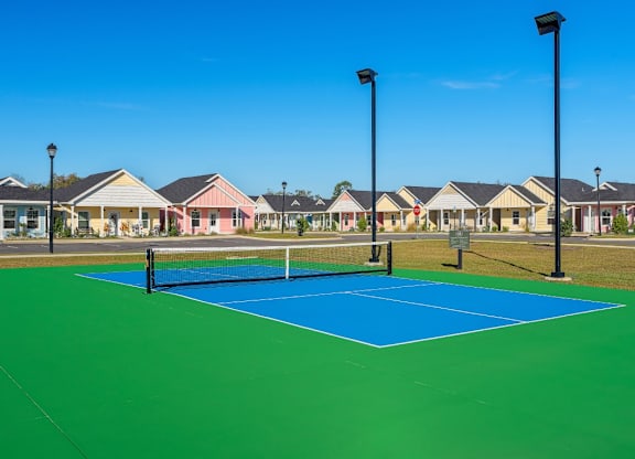 A tennis court in the middle of a grassy area with houses in the background.