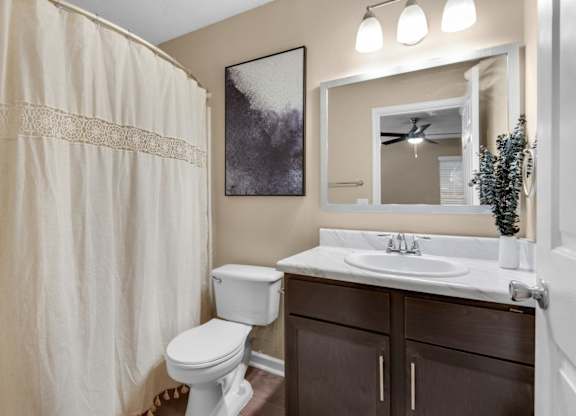 A bathroom with a toilet, sink, shower, and large vanity mirror at Crystal Lake in Pensacola, Florida.