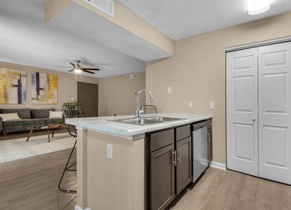 A stainless-steel kitchen sink surrounded by granite countertop, dishwasher, and white wood pantry at Crystal Lake in Pensacola, Florida.