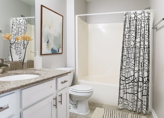 A bathroom with a white toilet, sink, and shower curtain.