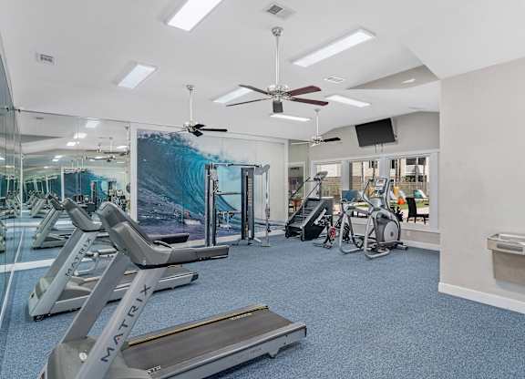 A gym with treadmills, exercise bikes, and other equipment.