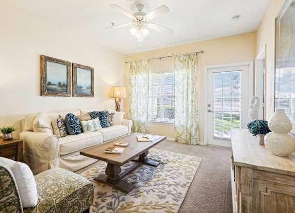 a living room with a couch and a coffee table