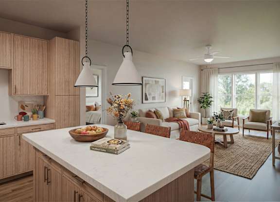 A kitchen with wooden cabinets and a white island with a book on it.