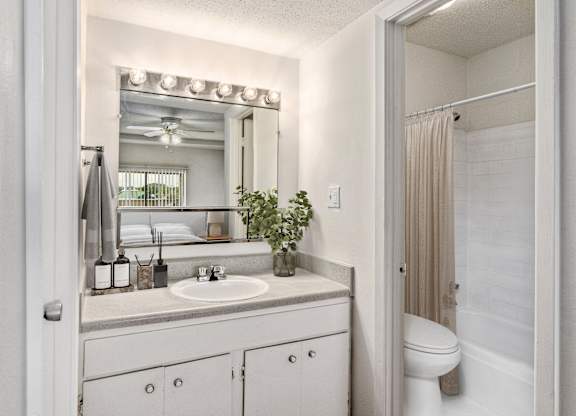 A bathroom with a white sink and a mirror above it.
