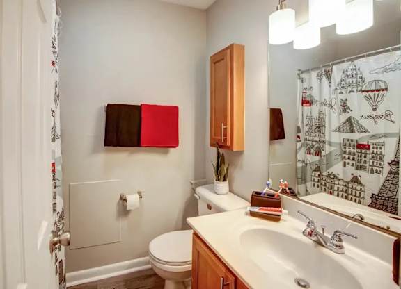 A bathroom with a toilet, sink, and a mirror.