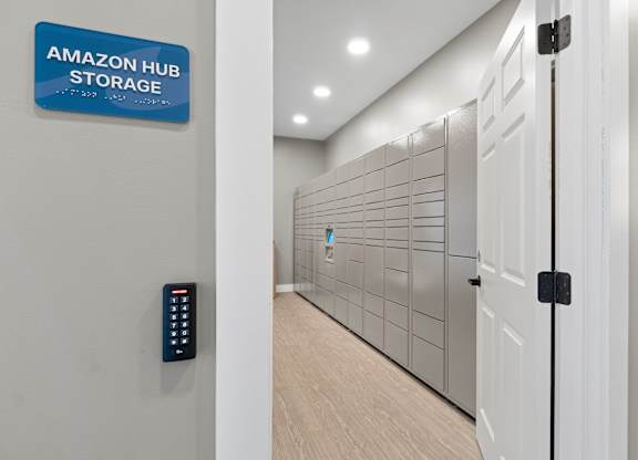 A storage room with a sign that says Amazon Hub Storage.